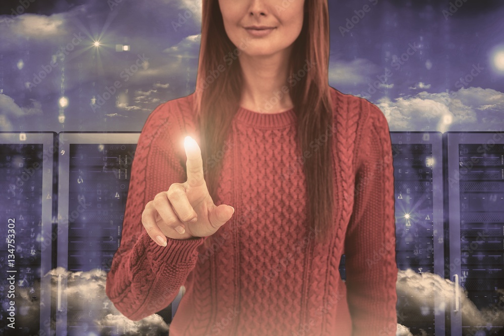 Composite image of smiling hipster woman pointing something