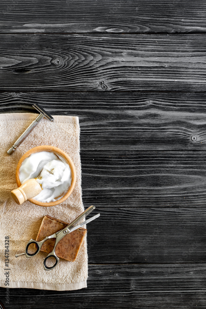 Tools for cutting beard barbershop top view on wooden background