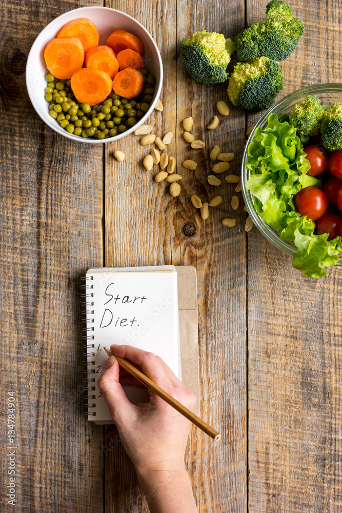 concept diet, slimming plan with vegetables top view mock up