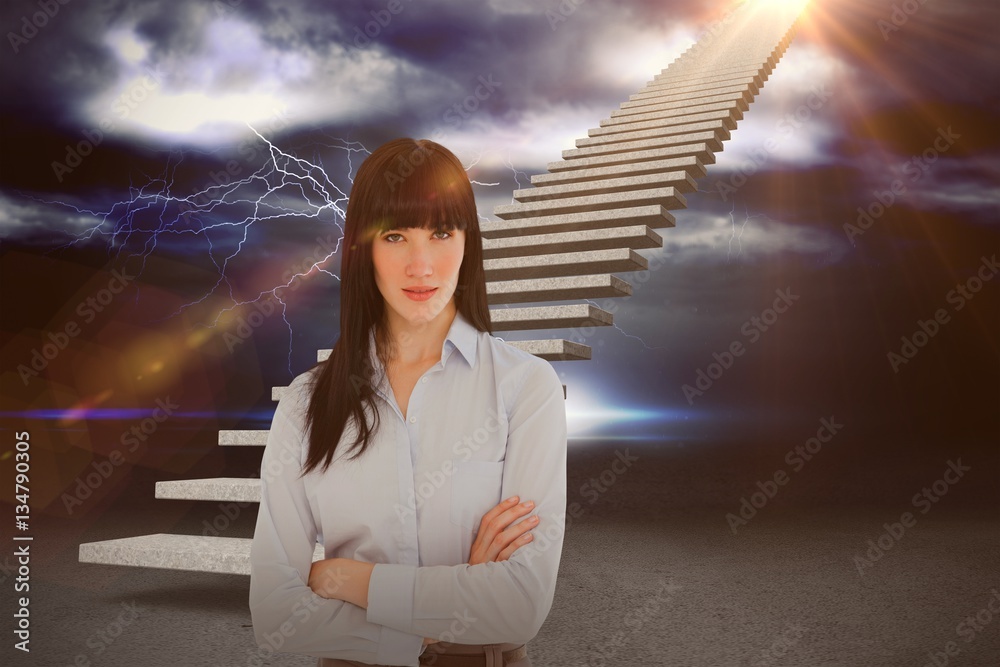 Composite image of woman in her office with her arms crossed 3d