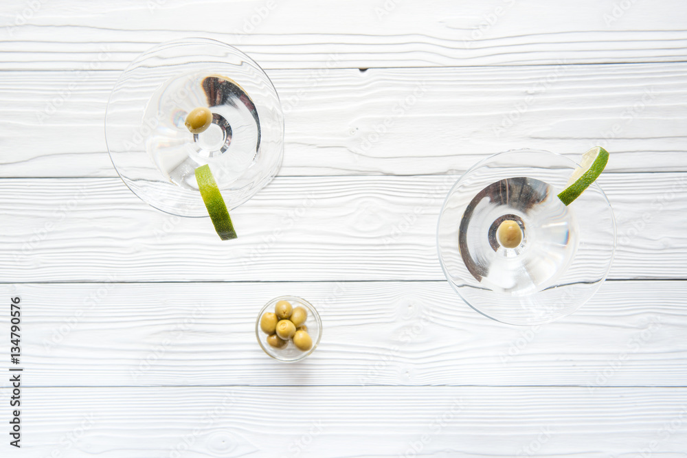 martini cocktail top view of wooden background