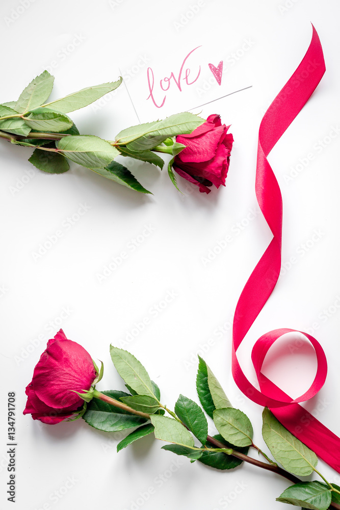 concept Valentines Day with flower white background top view