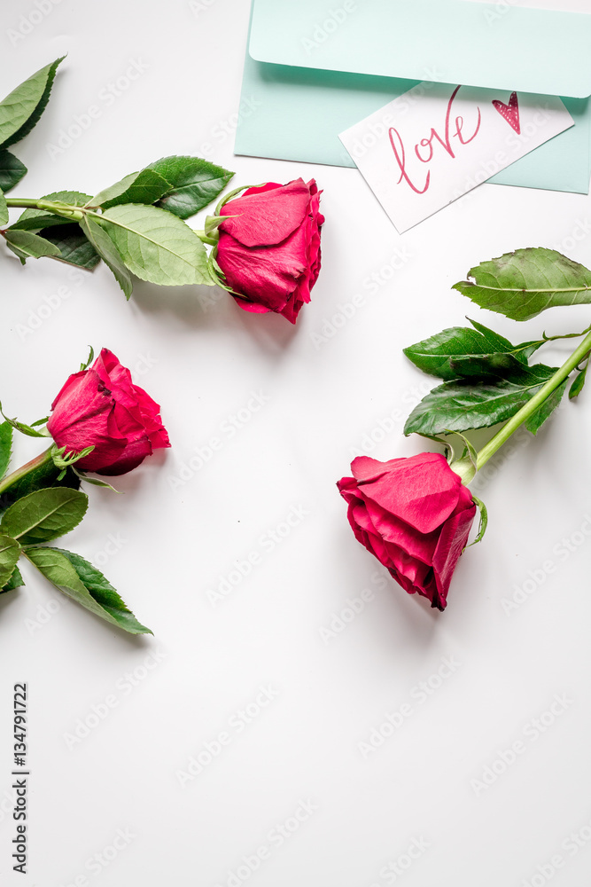 concept Valentines Day with flower white background top view