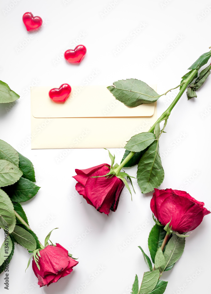 concept Valentines Day with flower white background top view