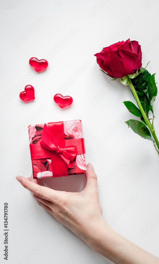 concept Valentines Day with flower white background top view