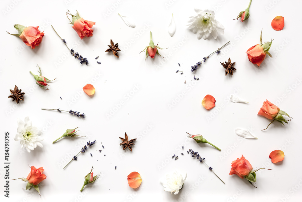 pattern of flowers on white background top view mock up