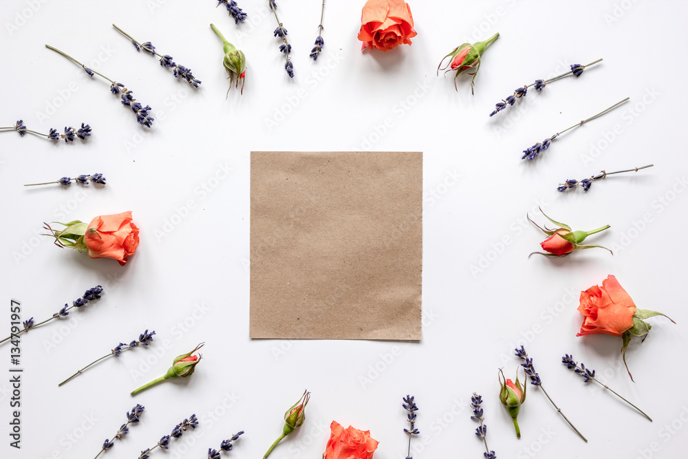 pattern of flowers on white background top view mock up