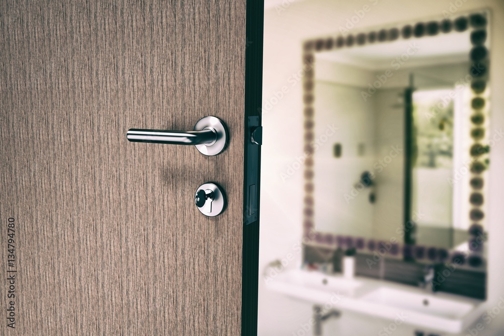 Composite image of closeup of door with doorknob and key