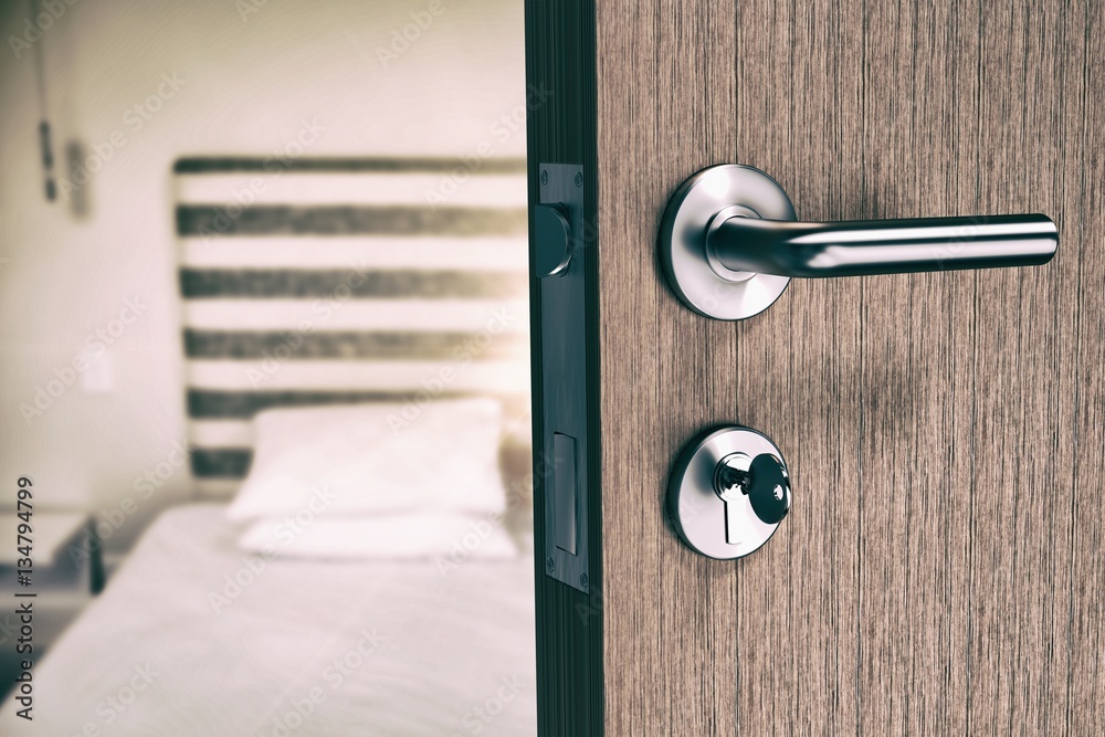 Composite image of brown door with doorknob and key