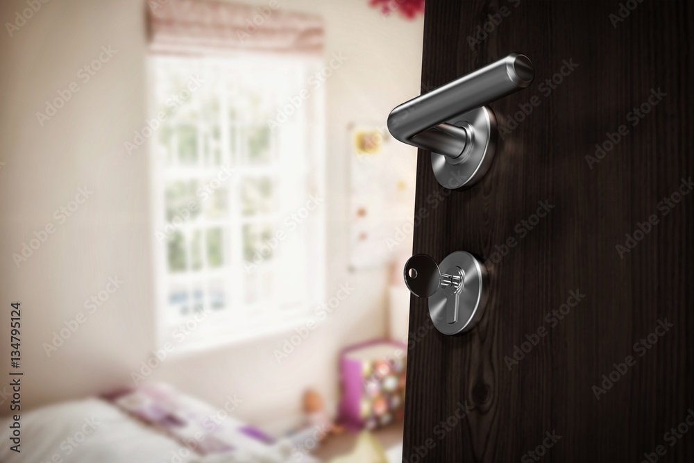 Composite image of closeup of brown door with doorknob