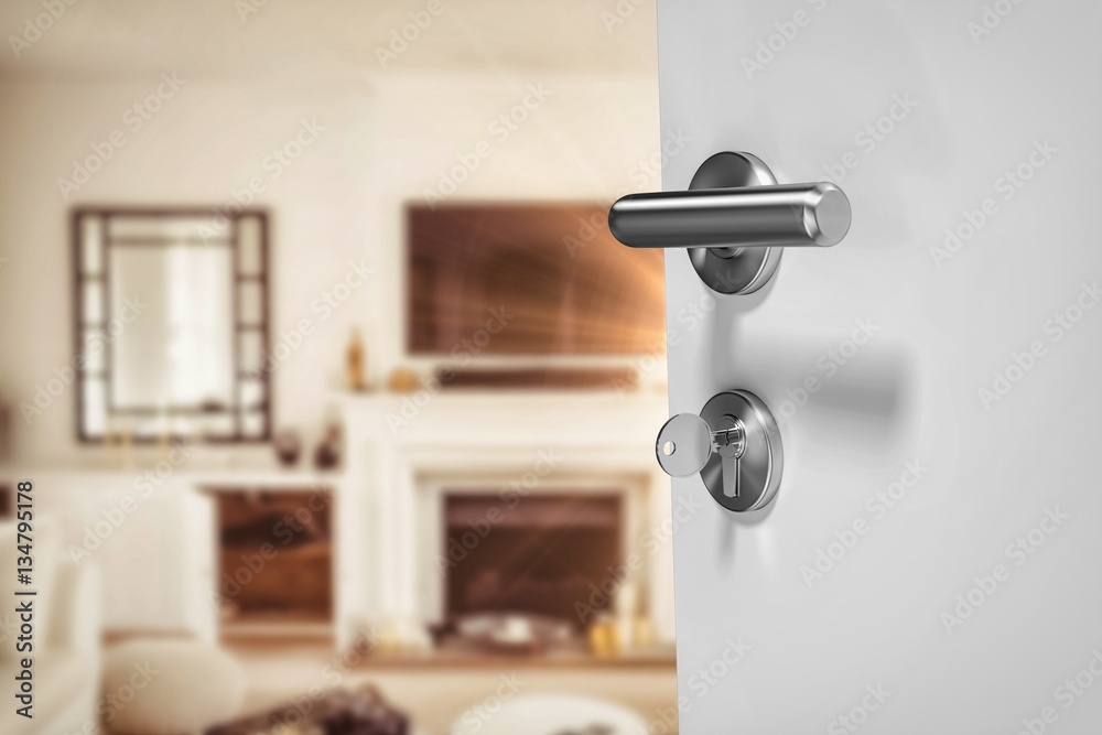 Composite image of closeup of doorknob and lock with key