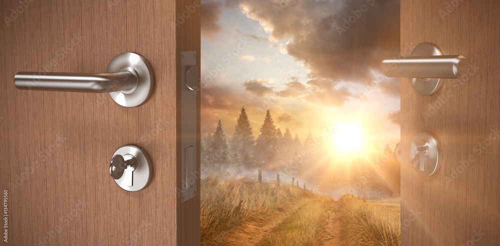 Composite image of brown door with doorknob and key