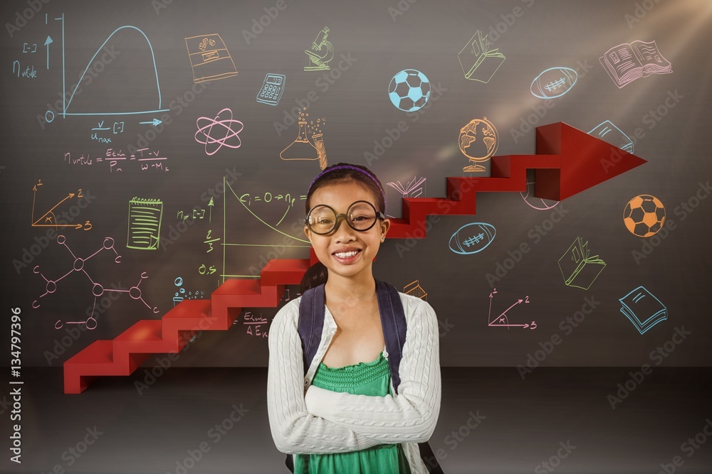 Composite image of girl smiling while standing with arms crossed