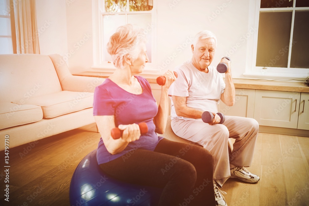 Senior couple sitting on fitness balls with dumbbells