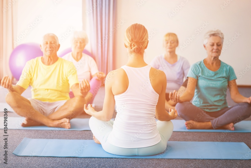 Instructor performing yoga with seniors