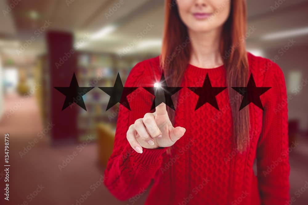 Composite image of smiling hipster woman pointing something