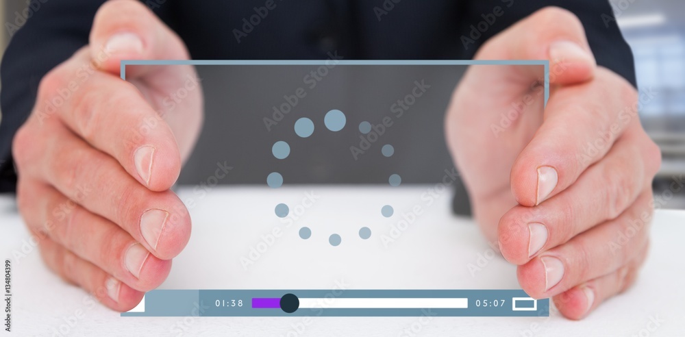 Composite image of businessman with hand out 3d