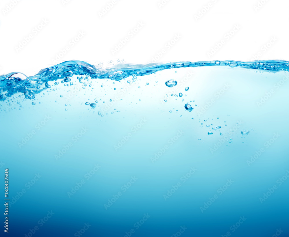 Close up blue Water splash with bubbles on white background