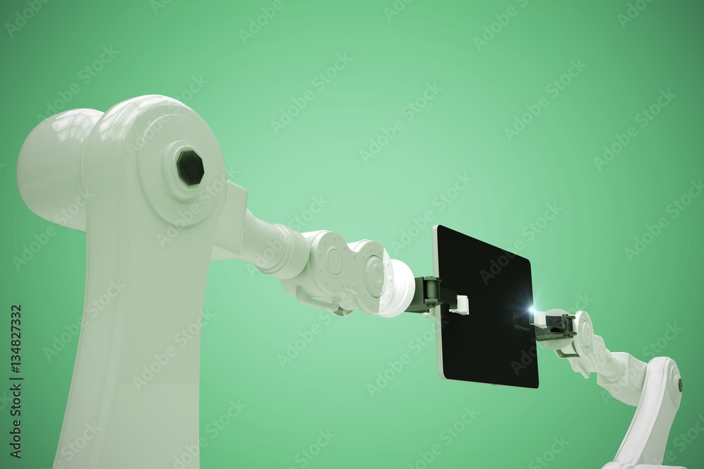 Composite image of robots holding digital tablet 3d