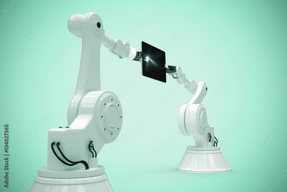 Composite image of graphic image of robots with computer tablet 