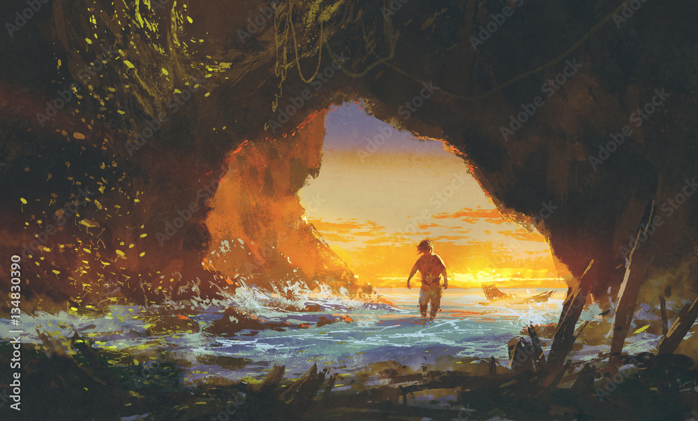 the man walking in the sea cave at sunset,illustration painting