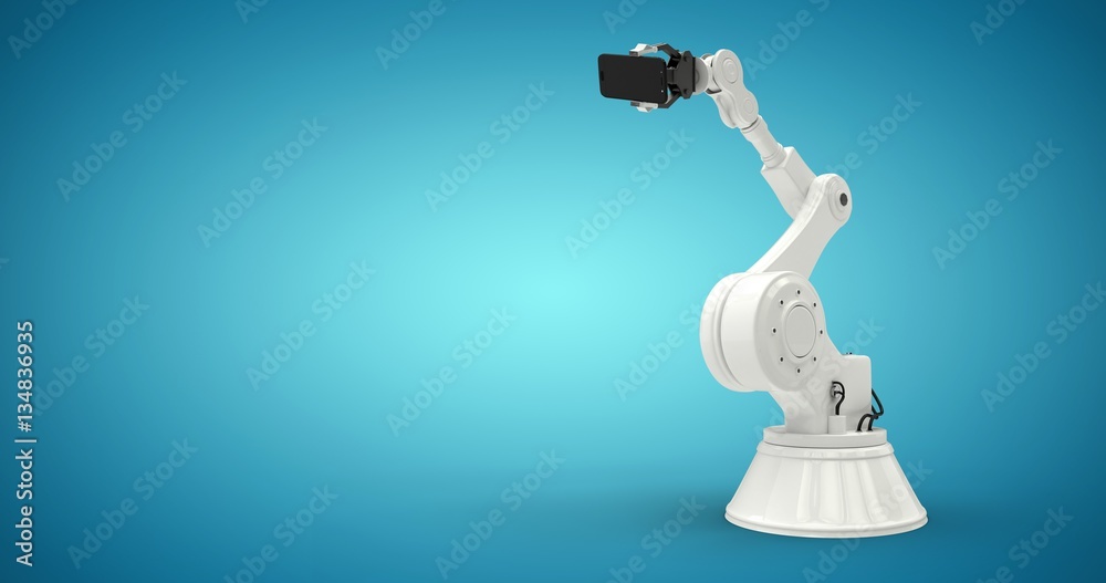 Composite image of graphic image of robot holding smart phone 3d