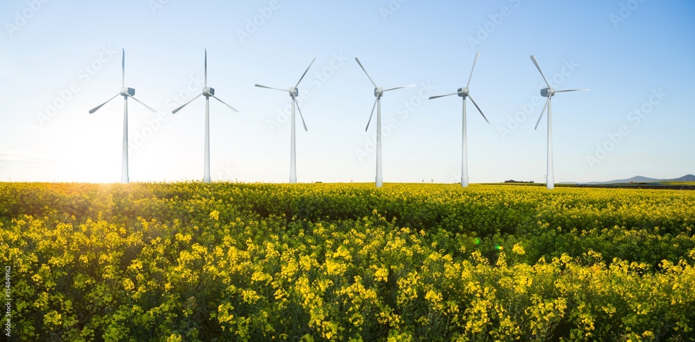 Composite image of digital composite image of wind turbines 3d