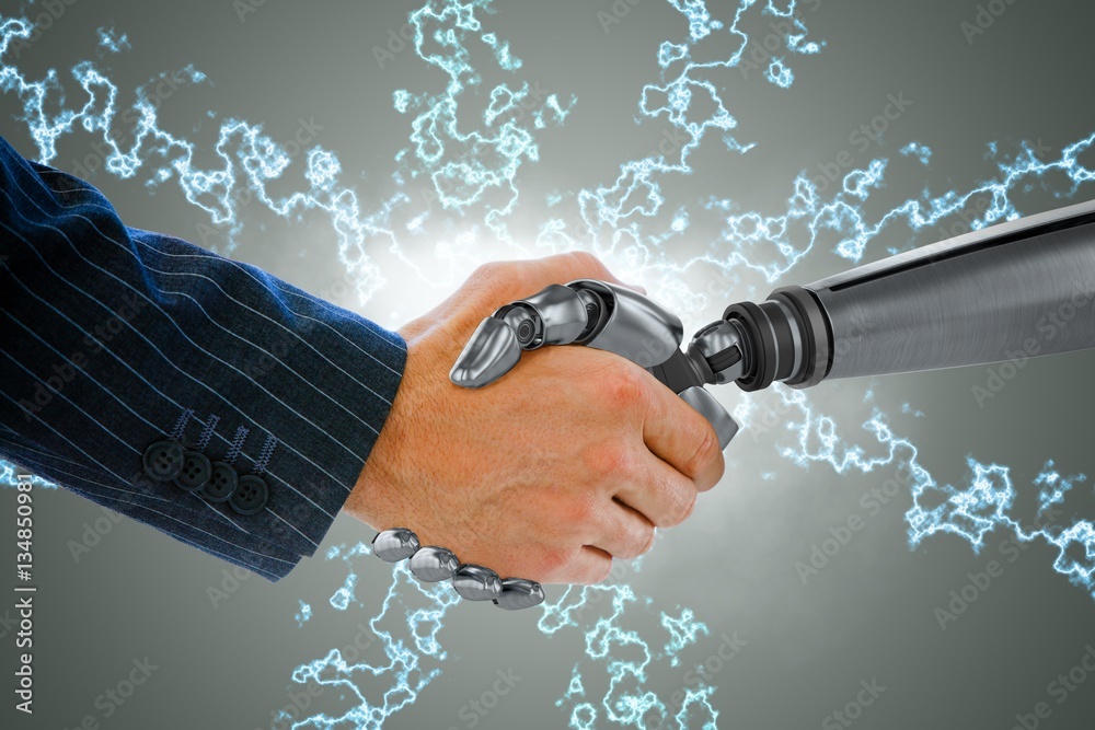 Composite image of businessman shaking hand of robot