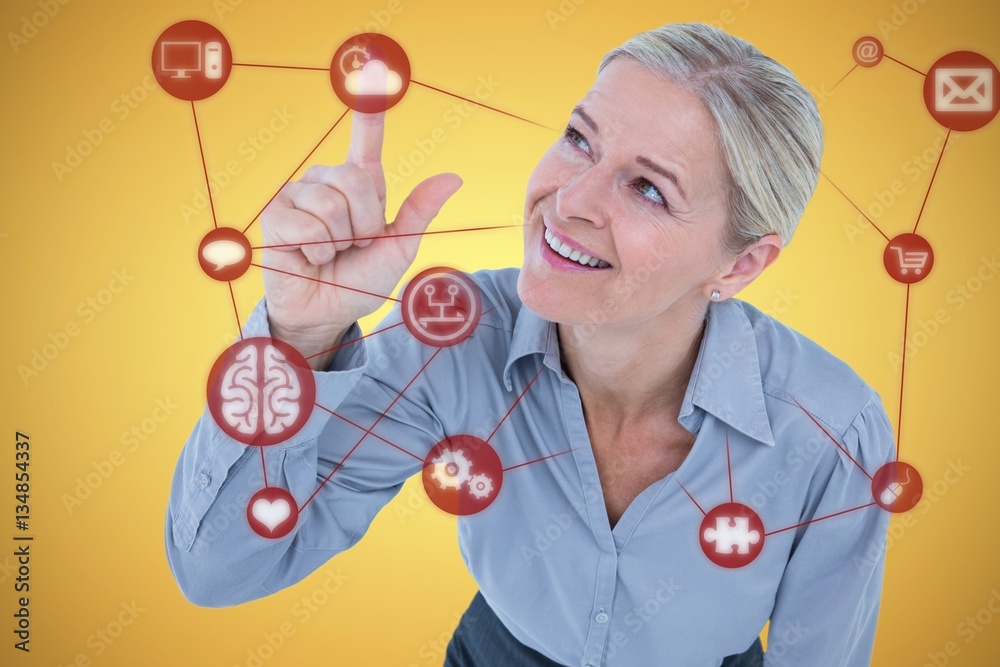 Composite image of smiling businesswoman pointing