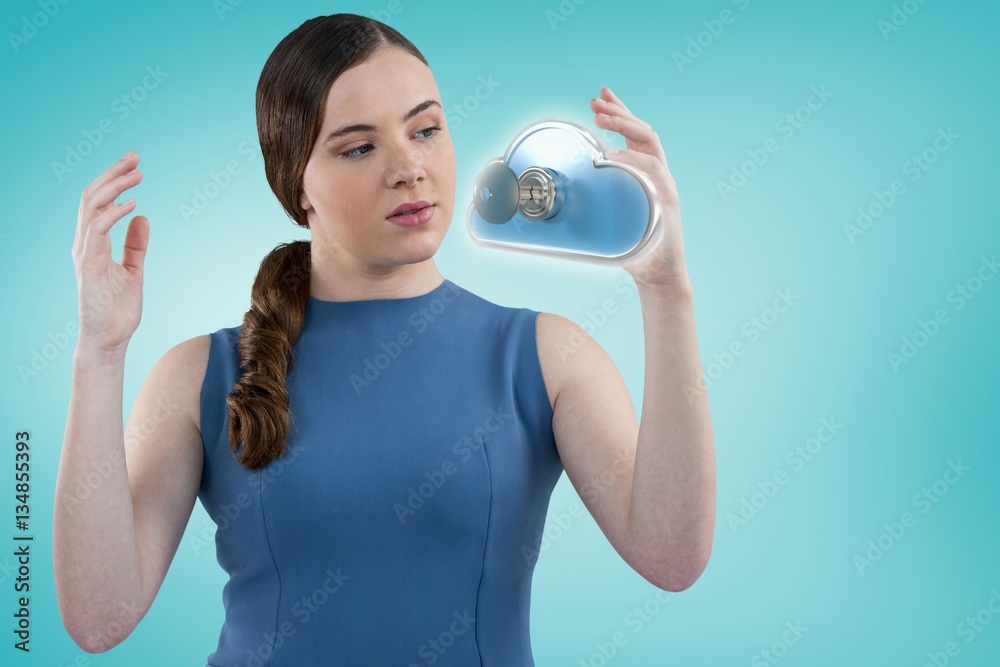 Composite image of young woman gesturing 3d