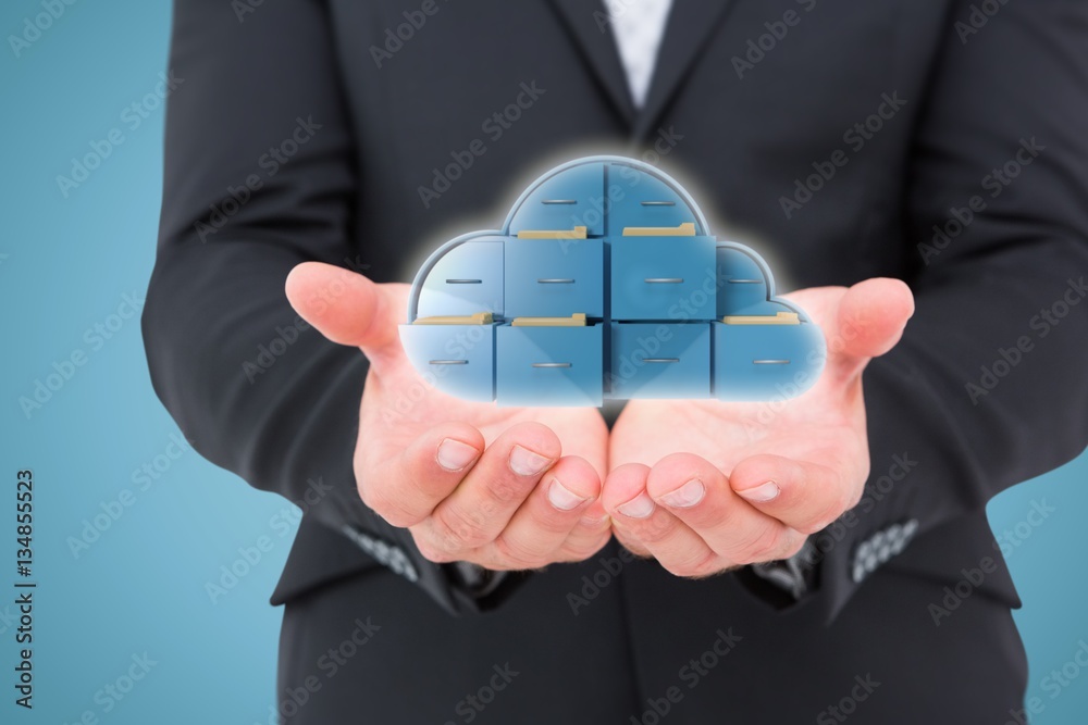 Composite image of businessman holding his hands out 3d