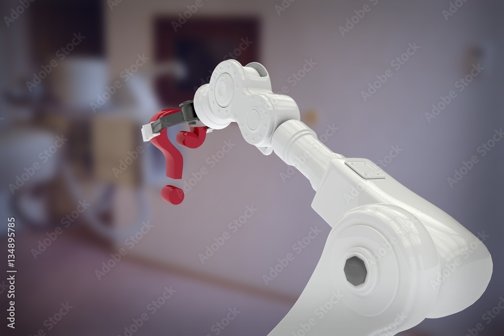 Composite image of white robotic arm holding question mark 3d