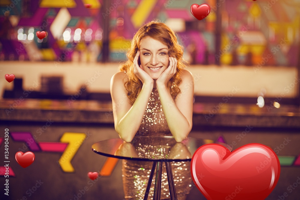 Composite image of portrait of young woman leaning on table