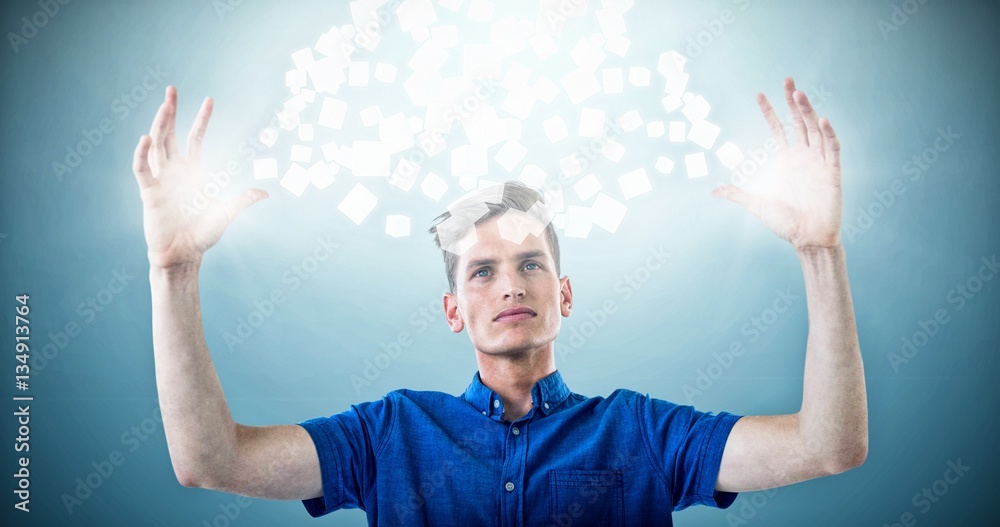 Composite image of man in blue shirt with arms raised 3d