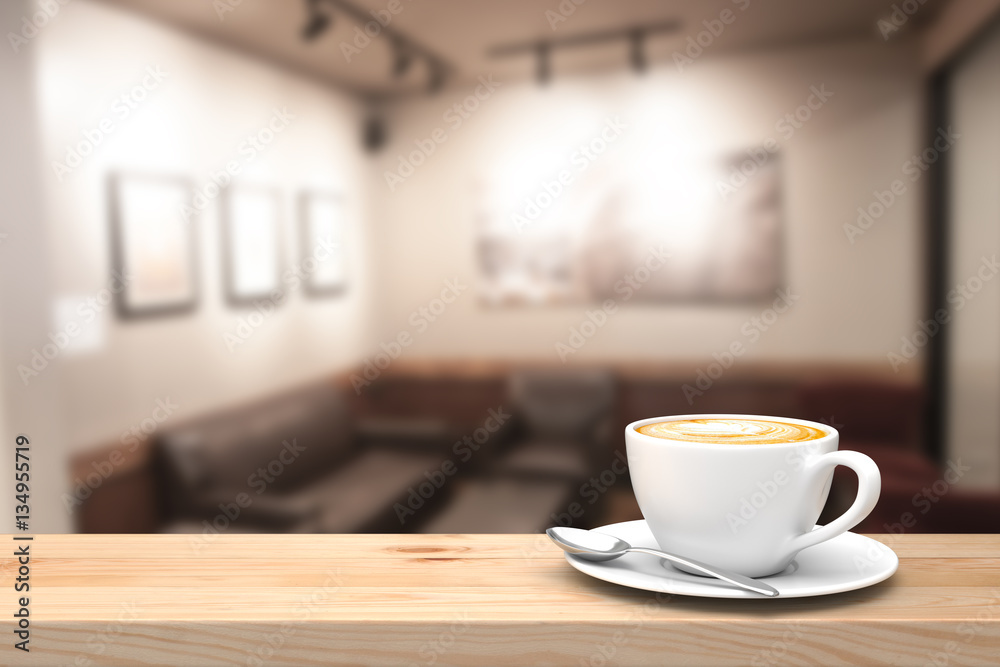 Coffee cup on the wood table with blurred background. 3D illustration