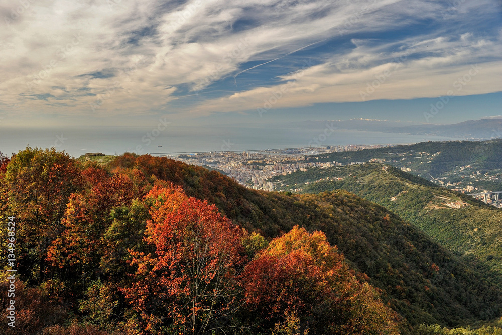 Panoramic view of Genoa seen from surrounding hills during the fall