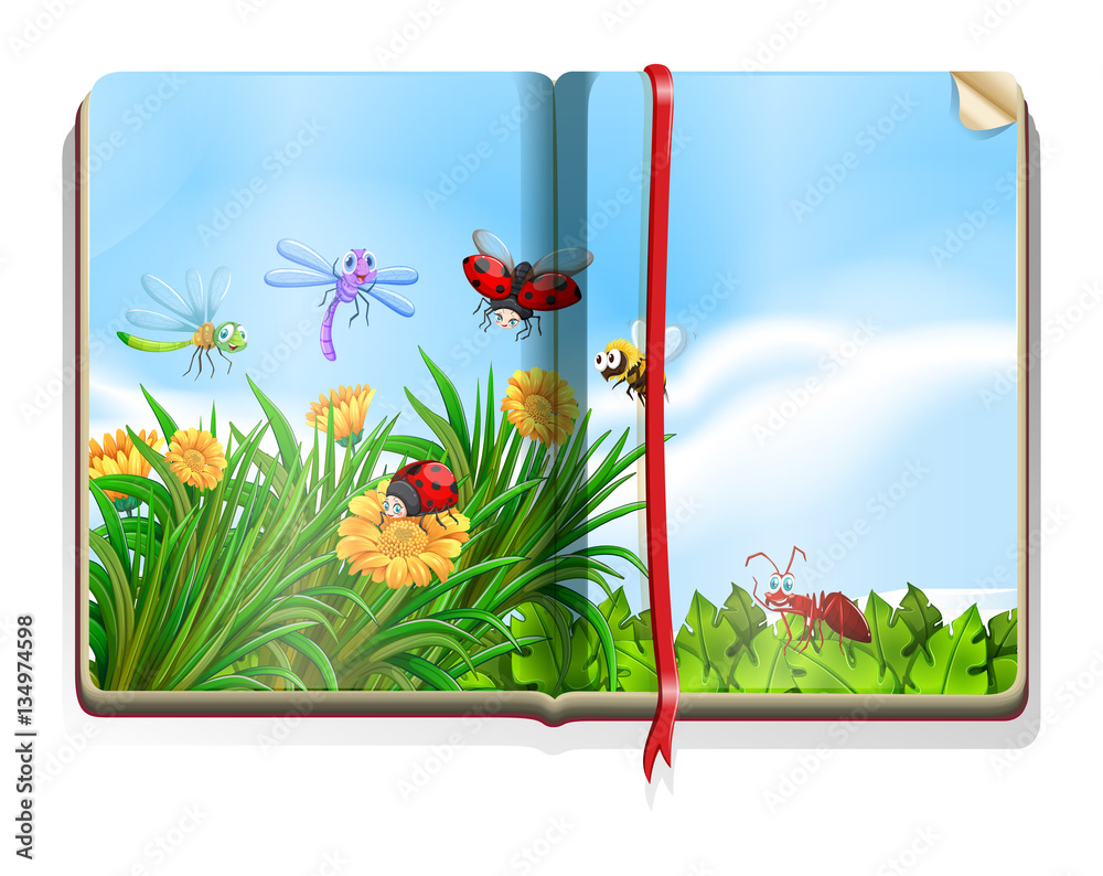 Book with garden scene full of insects and flowers