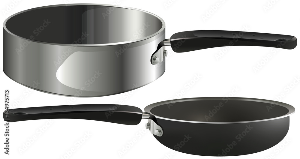 Two frying pans on white background