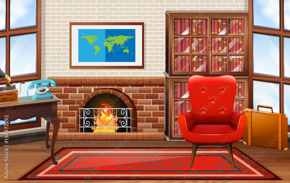 Room with fireplace and bookshelves