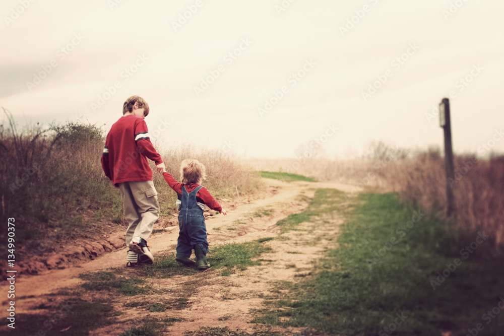 Two brothers walking up a hill