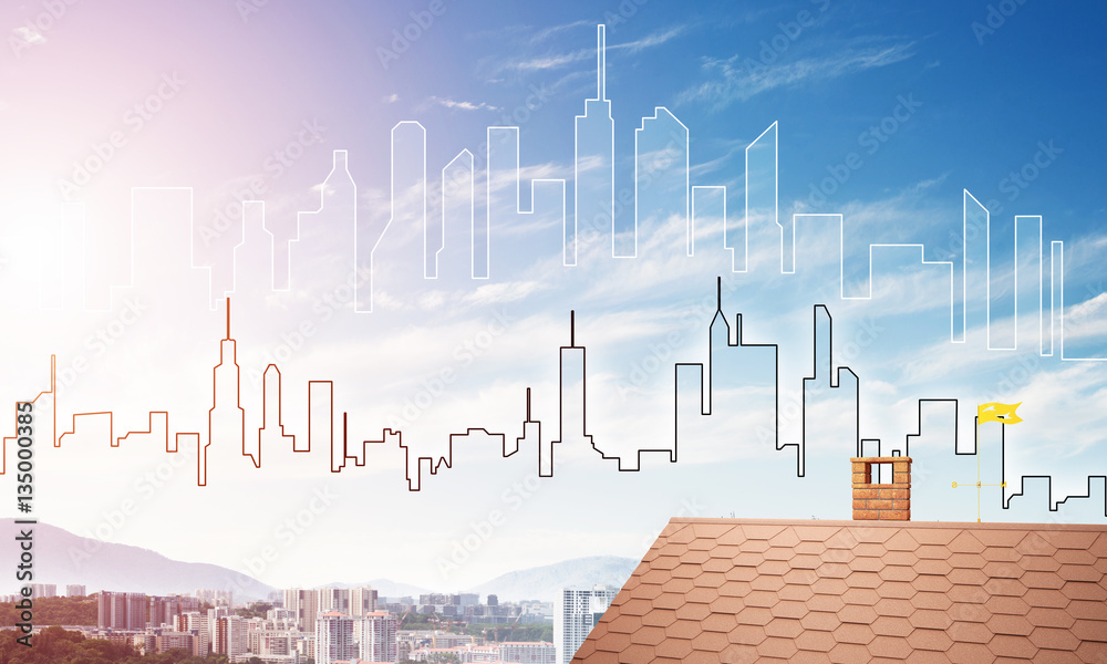 Concept of real estate and construction with drawn silhouette on big city background