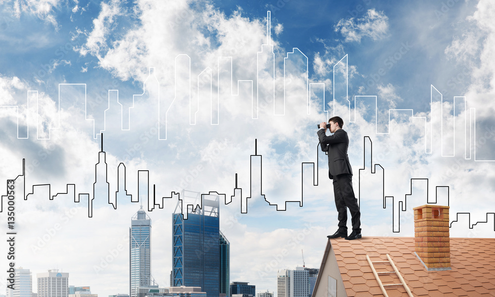 Businessman standing on roof and looking in binoculars. Mixed media