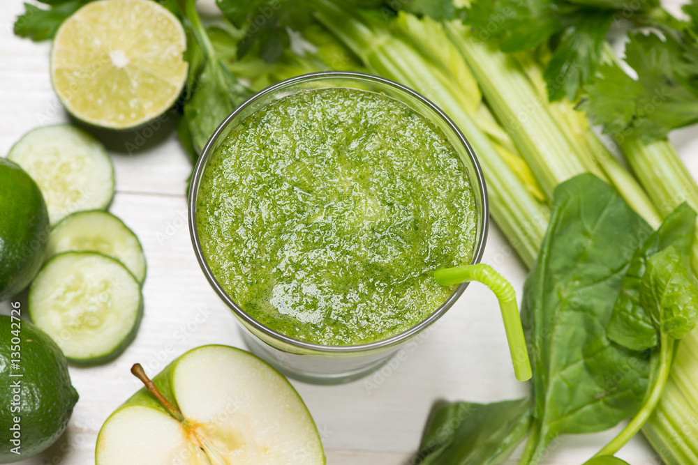 Detox concept. Glass jar of fresh drink green smoothie, spinach