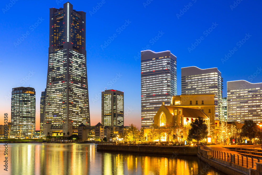 Cityscape of Yokohama city at night, Japan