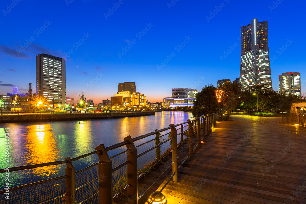 Cityscape of Yokohama city at night, Japan