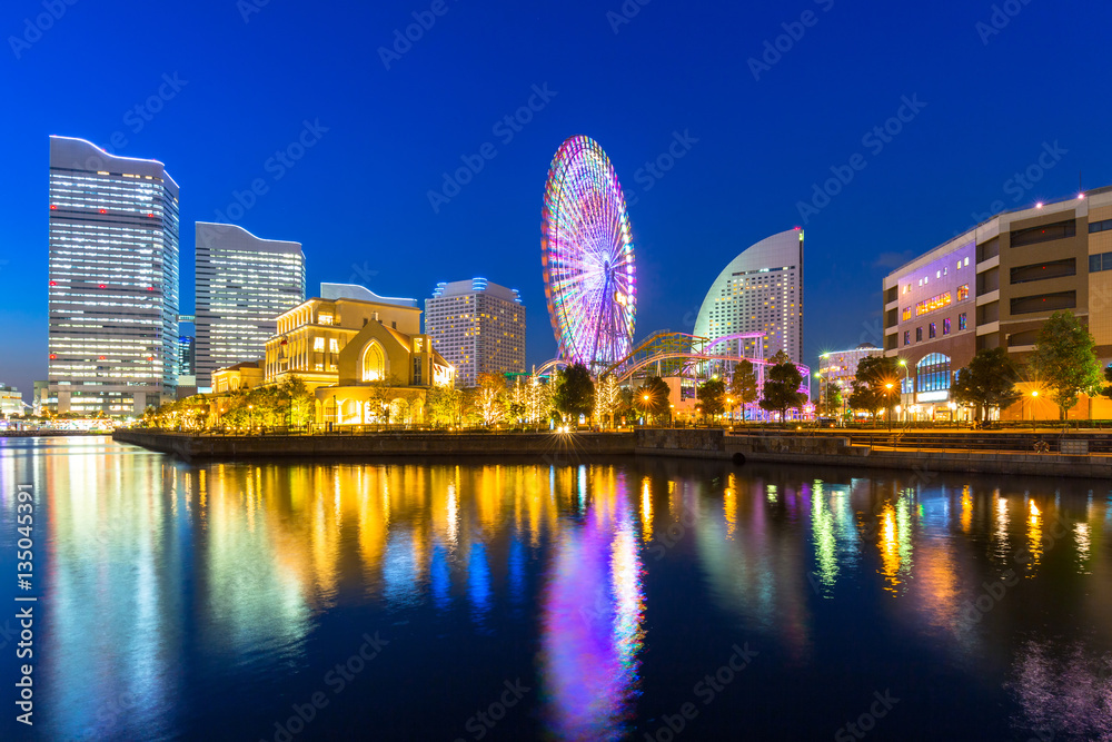 Cityscape of Yokohama city at night, Japan