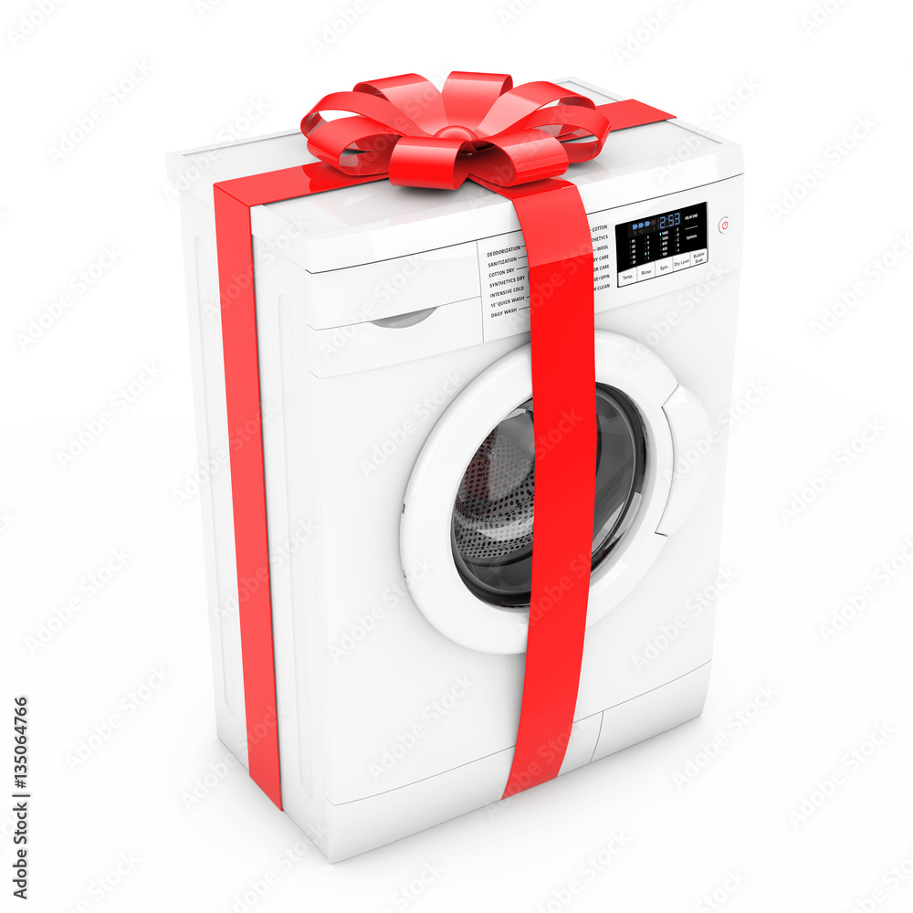 Modern Washing Machine with Red Ribbon and Bow as Gift. 3d Rende