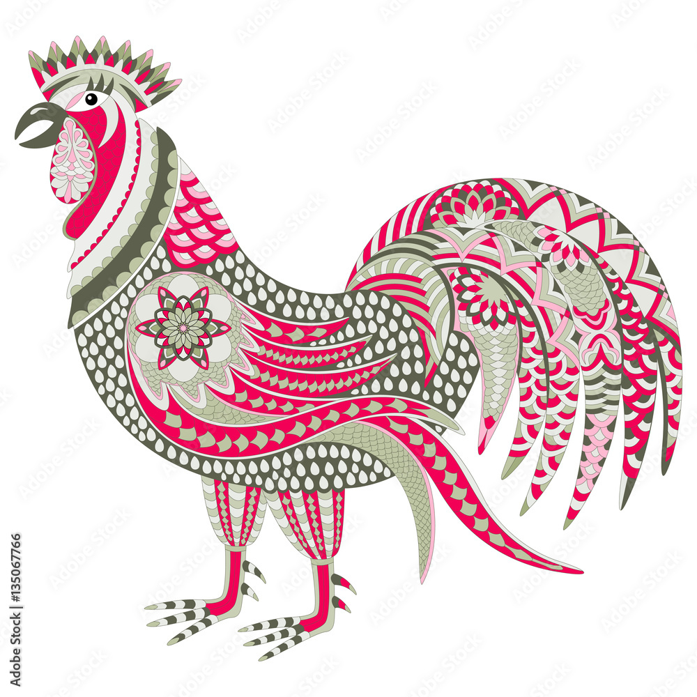 Color rooster on white background. Decorated with floral patterns. Zentangle and doodle style. Vecto