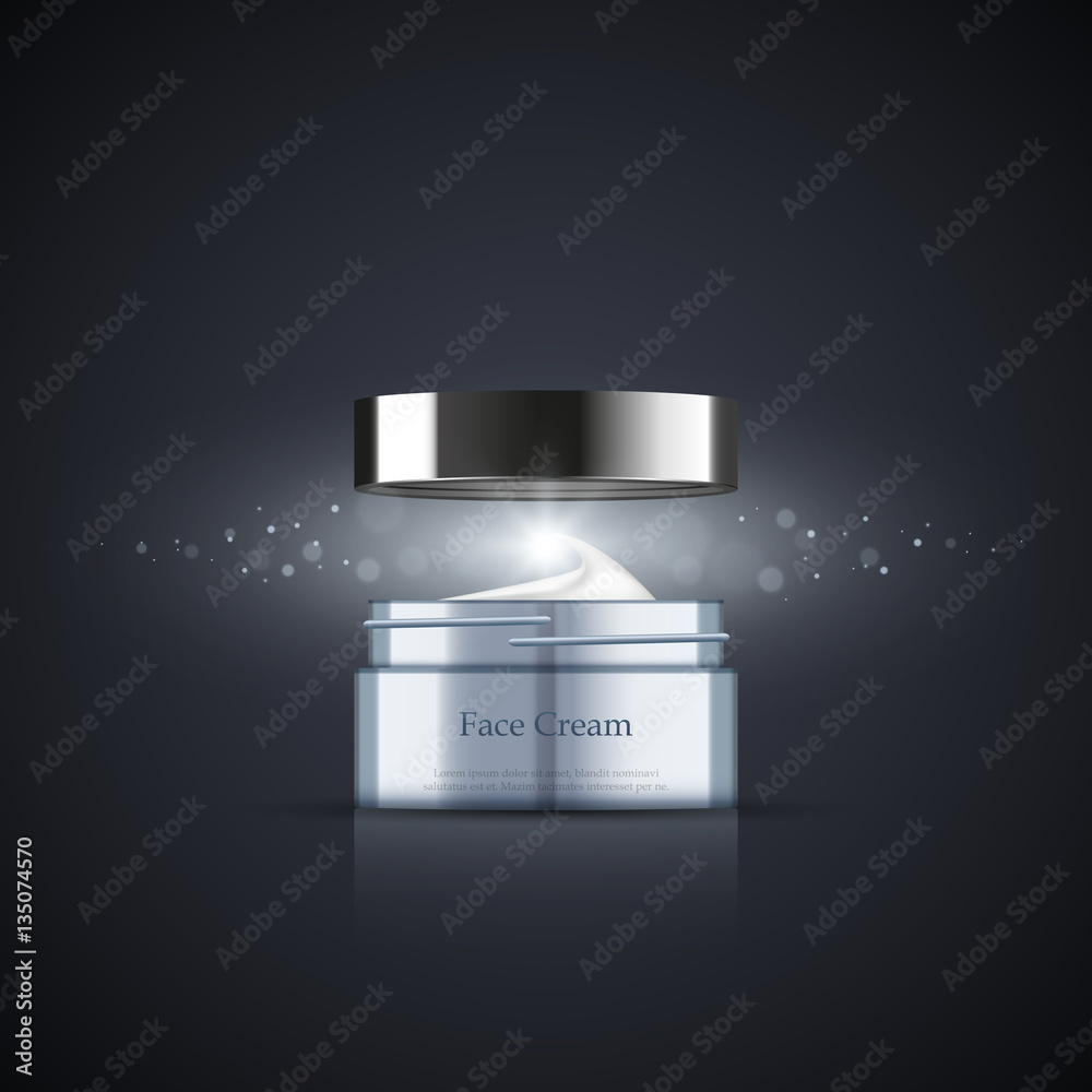 Open cream jar with shine on abstract background, realistic design, vector illustration, package tem