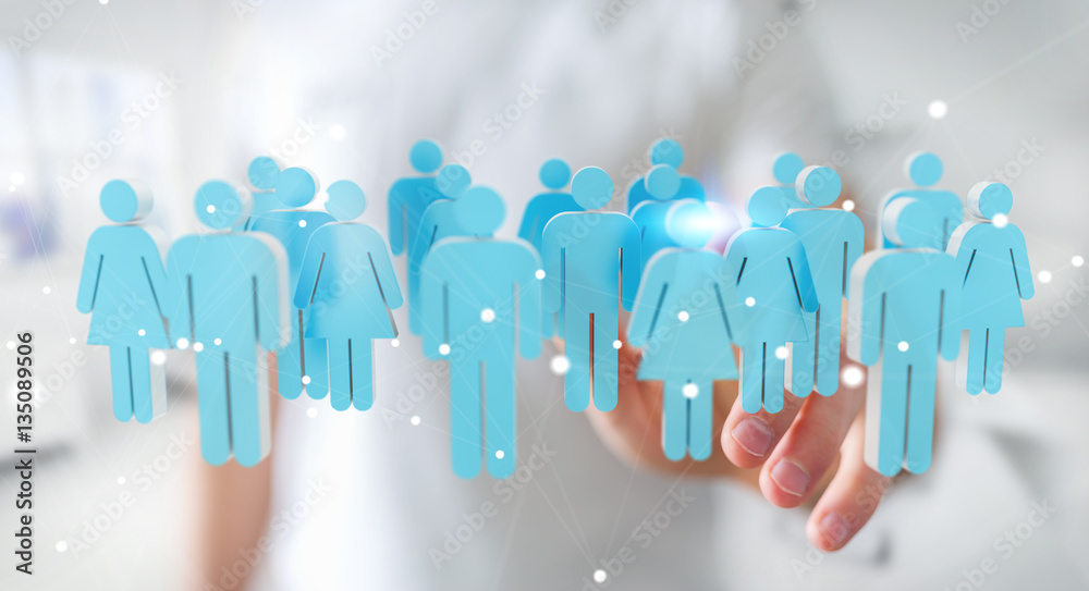 Businessman touching 3D rendering group of people with his finge